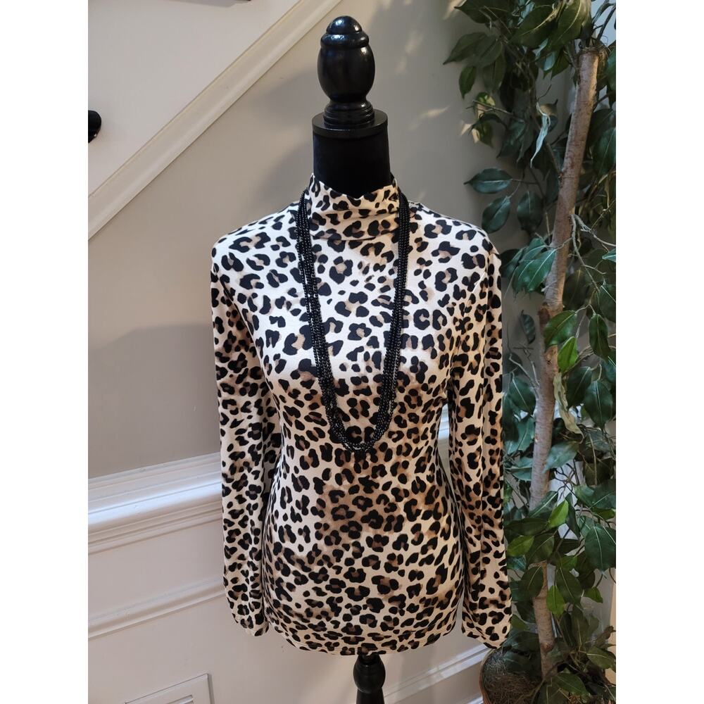 Chico's Beige and Black Leopard Print Mock Neck Top